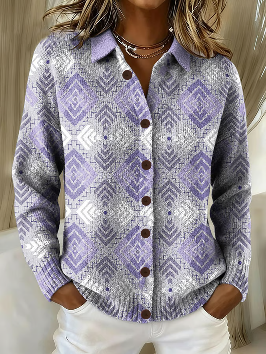 Women's Casual Retro Purple Geometric Cardigan