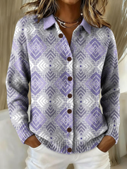 Women's Casual Retro Purple Geometric Cardigan