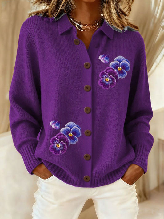 Women's Purple Art Knit Lapel Button Knit Cardigan
