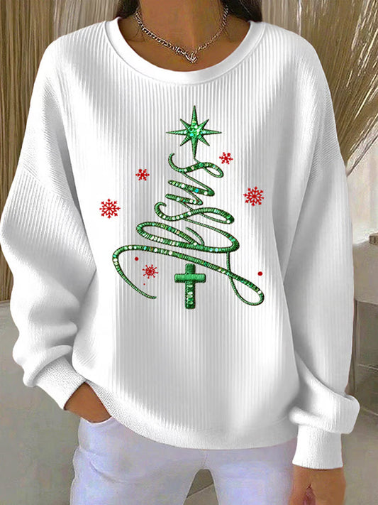 Women's Jesus Chriatmas Tree Ribbed Round-Neck Sweatshirt