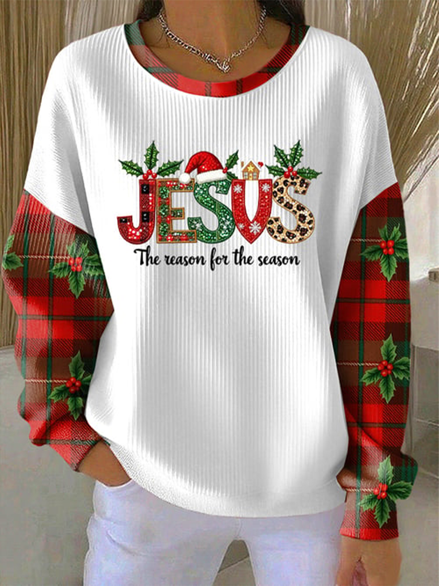 Women's Christmas combined with faith print Ribbed Round-Neck Sweatshirt