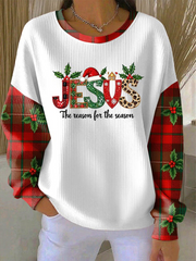Women's Christmas combined with faith print Ribbed Round-Neck Sweatshirt
