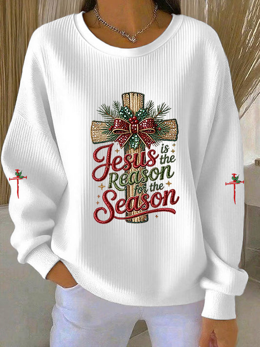 Women's esus Is The Reason For The Season Cross Ribbed Round-Neck Sweatshirt