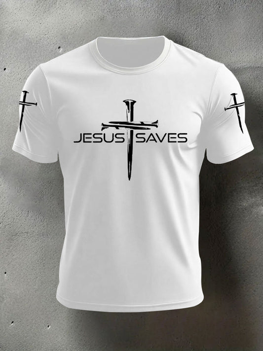 Men's Jesus Saves Cross Faith Casual Tee