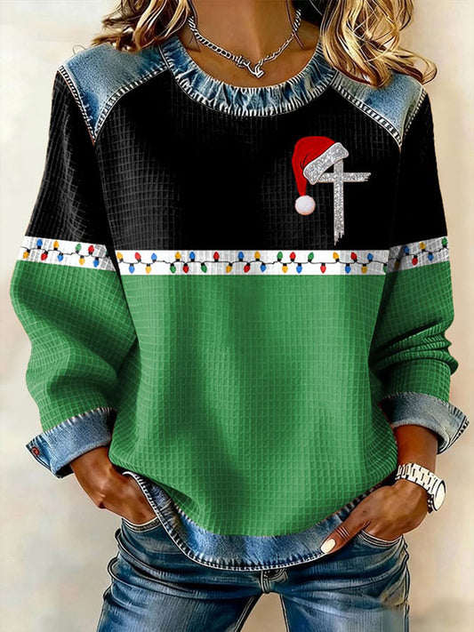 Women's Christmas Cross Denim Patchwork Top