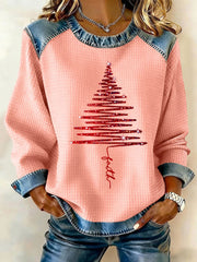 Women's Faith Christmas Tree Denim Patchwork Top