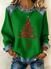 Women's Faith Christmas Tree Denim Patchwork Top