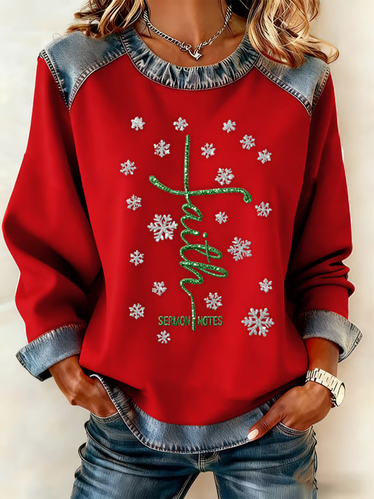 Women's Christmas Belief Pattern Patchwork Art Sweatshirt