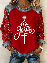 Women's Jesus Cross Christmas Tree Denim Patchwork Top
