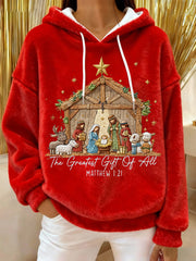 Women's The Greatest Gift Of All Jesus Nativity Christian Christmas Casual Flannel Hoodie