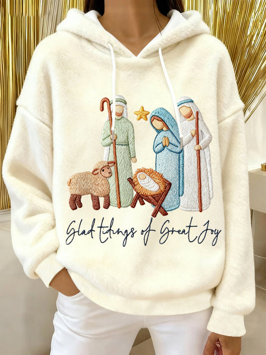 Women's Glad Tidings Of Great Joy Jesus Nativity Christian Christmas Flannel Hoodie