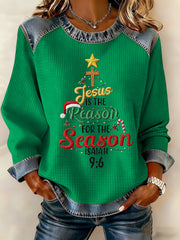Women's Jesus Is The Reason For The Season Cross Denim Patchwork Top