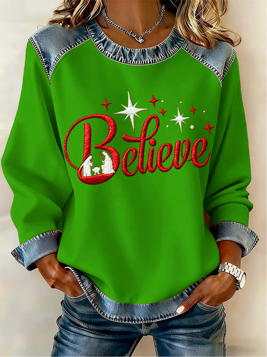 Women's Christmas Believe Denim Patchwork Top