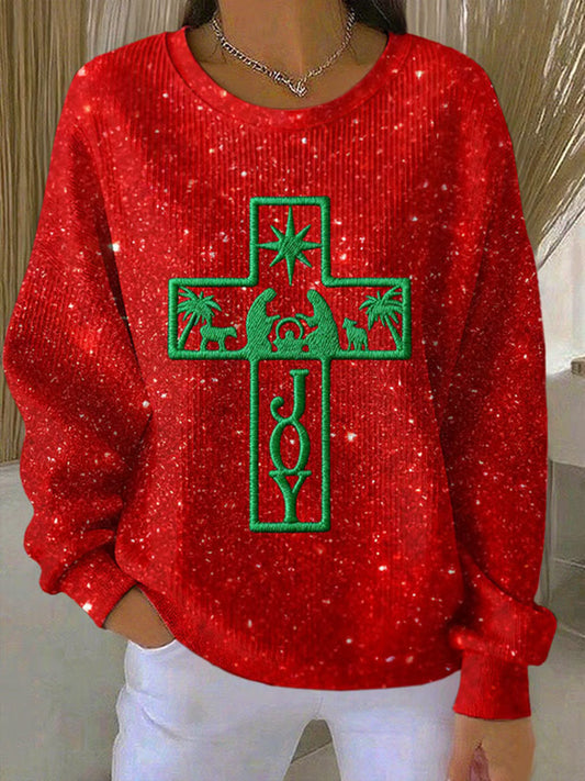 Women's Christian Christmas Nativity Scene Ribbed Round-Neck Sweatshirt
