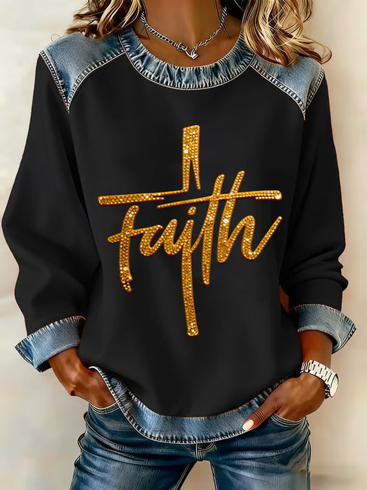 Women's Faith Cross Art  Denim Patchwork Top