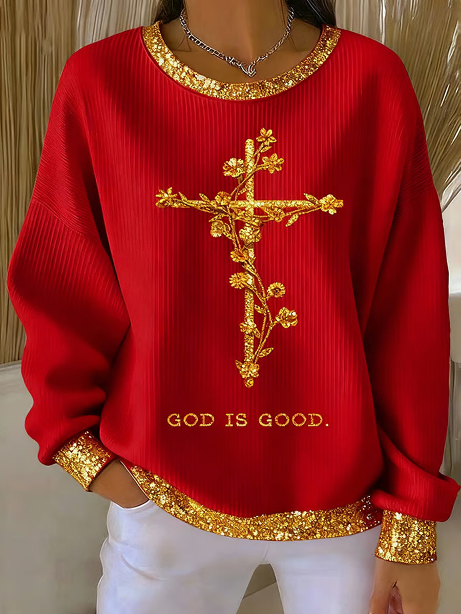 Women's God Is Good Faith Cross Art Ribbed Round-Neck Sweatshirt