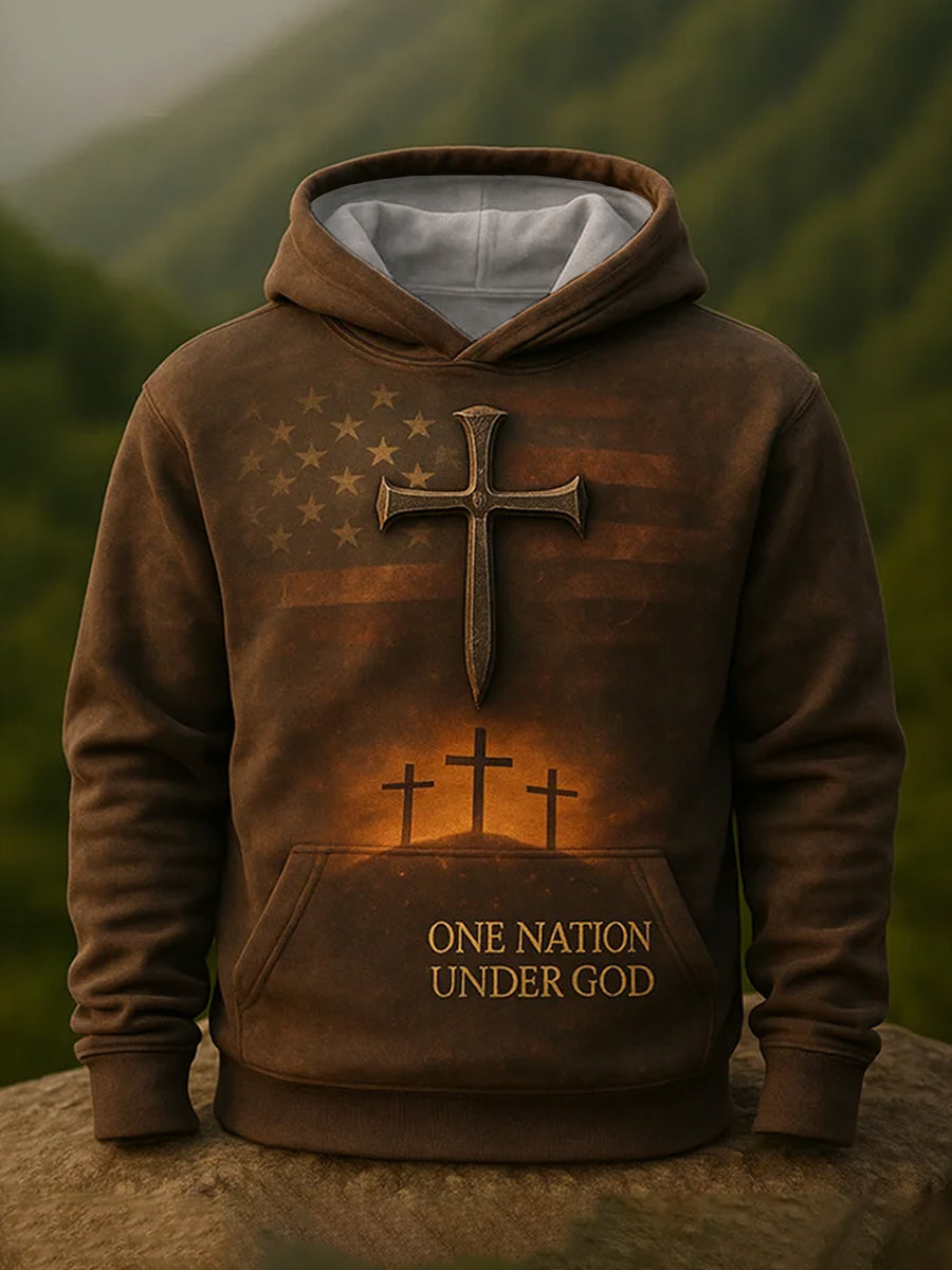 Men's One Nation Under God Cross Faith USA Flag Print Casual Hoodie