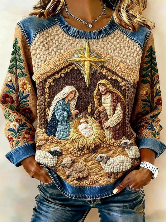 Women's The Birth Of Jesus Denim Patchwork Top