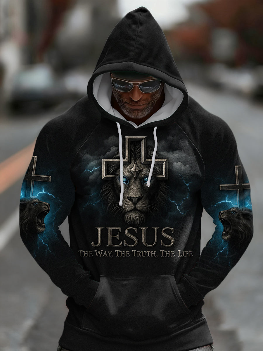 Men's Jesus The Way The Truth The Life Lion Print Casual Velvet Raglan Hoodie