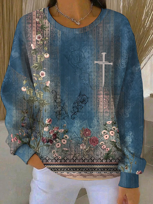 Women's Casual Retro  Faith Texture Ribbed Round-Neck Sweatshirt