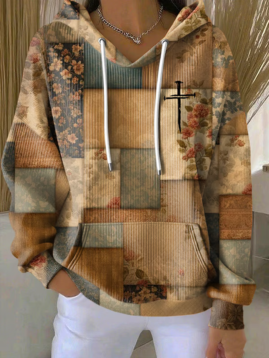 Women's Casual Retro Contrast Color Faith Texture Hoodie