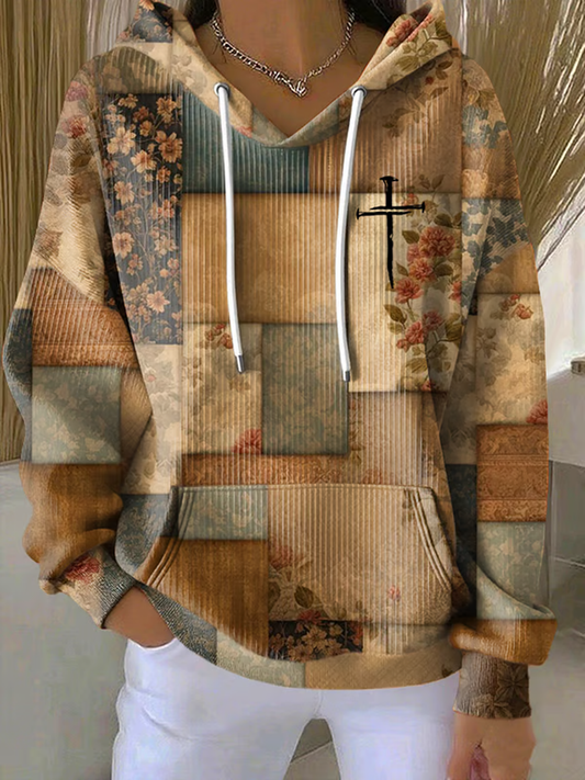 Women's Casual Retro Contrast Color Faith Texture Hoodie