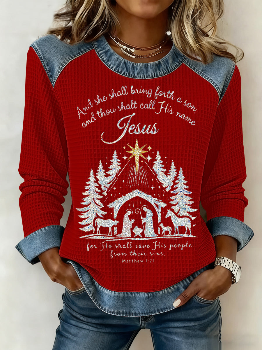 Women's Christmas Print Waffle Sweatshirt