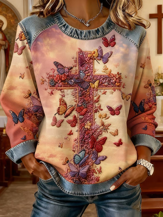 Women's Butterflies Faith Cross Art Denim Patchwork Top