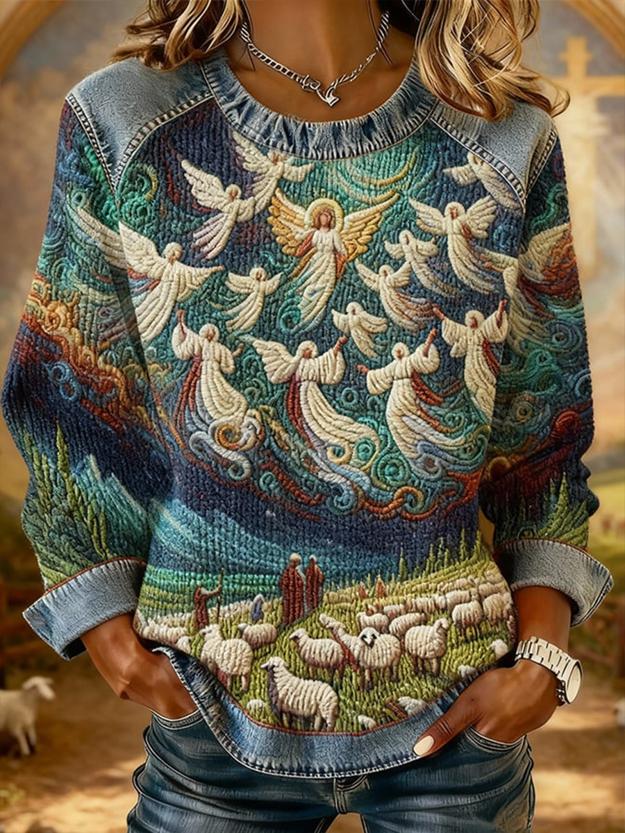 Women's Faith Art Denim Patchwork Top