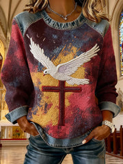 Women's Faith Cross Art Denim Patchwork Top