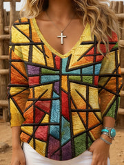 Women's Faith Cross Art V-Neck Ribbed Top