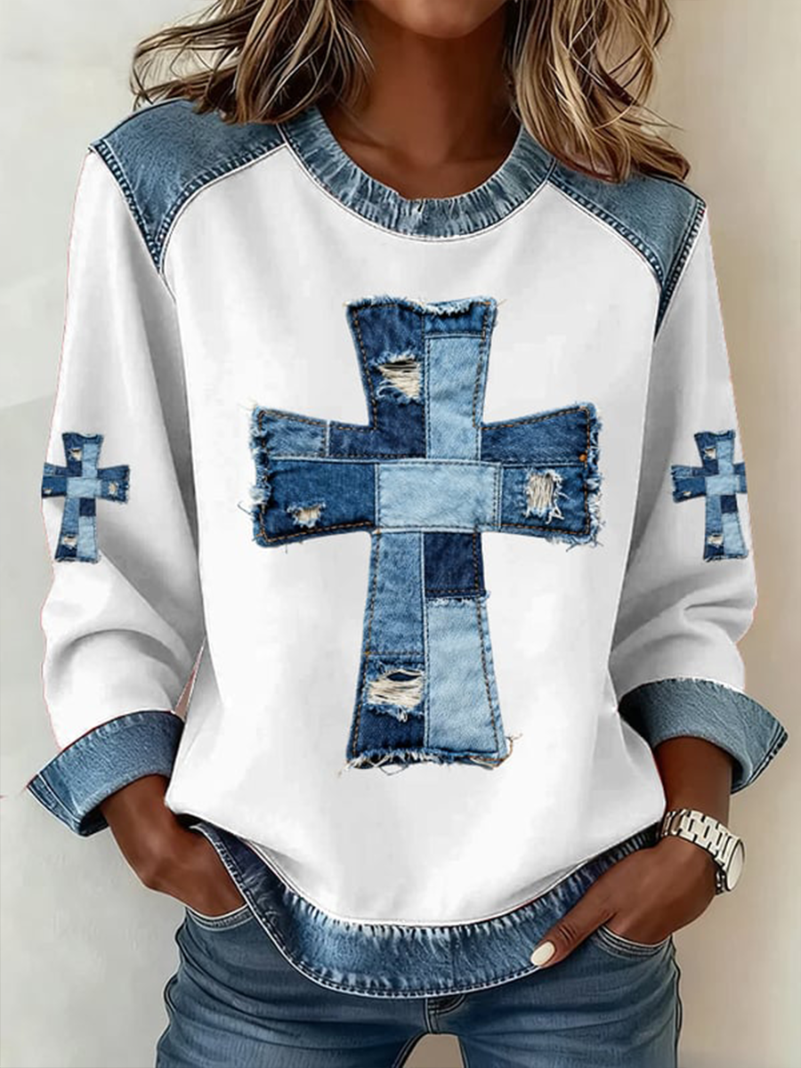 Women's Denim Patchwork Art Cross Pattern Denim Patchwork Top