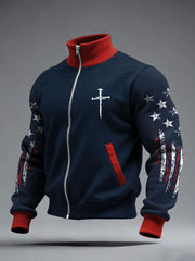 Men's Faith Cross Print Zipper Stand Collar Sweater
