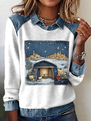 Women's Cute Nativity Scene Art Design Patchwork Top