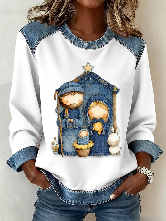 Women's Cute Nativity Scene Art Design Denim Patchwork Top