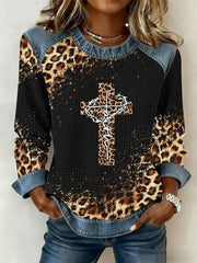 Women's Faith Cross Denim Patchwork Top