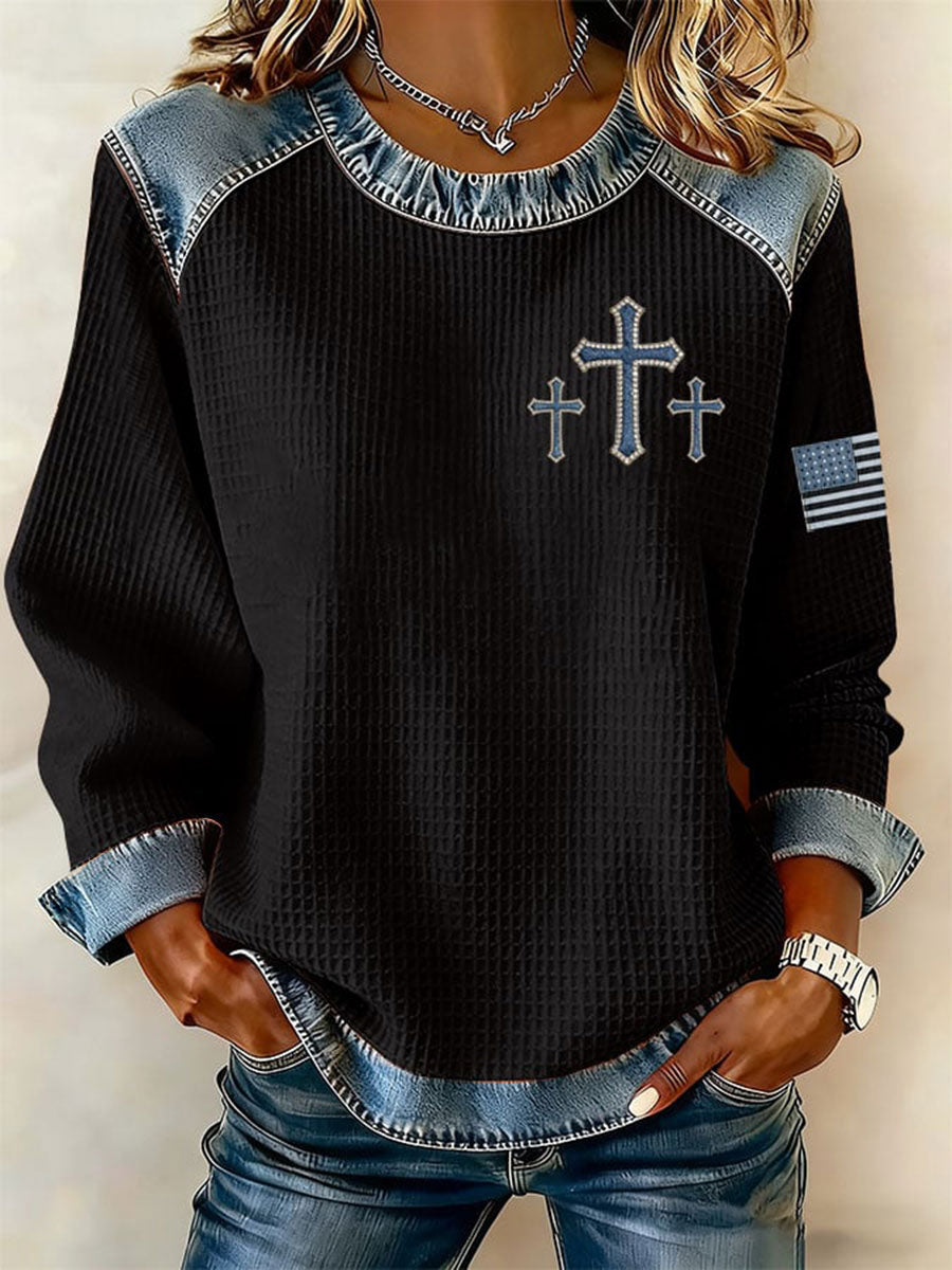 Women's Cross Print Casual Denim Patchwork Top
