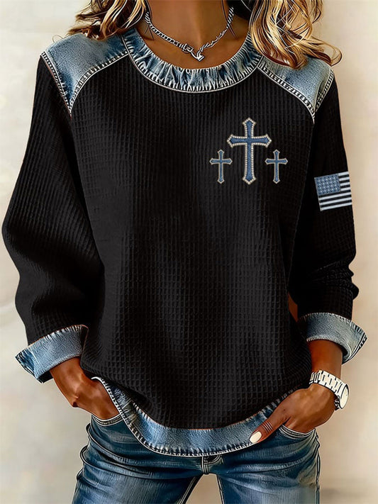 Women's Cross Print Casual Denim Patchwork Top