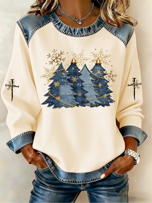 Women's Cross Print Casual Denim Patchwork Top