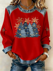 Women's Cross Print Casual Denim Patchwork Top