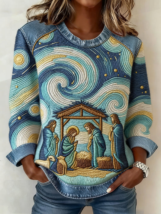 Women's The Birth Of Jesus Denim Patchwork Top