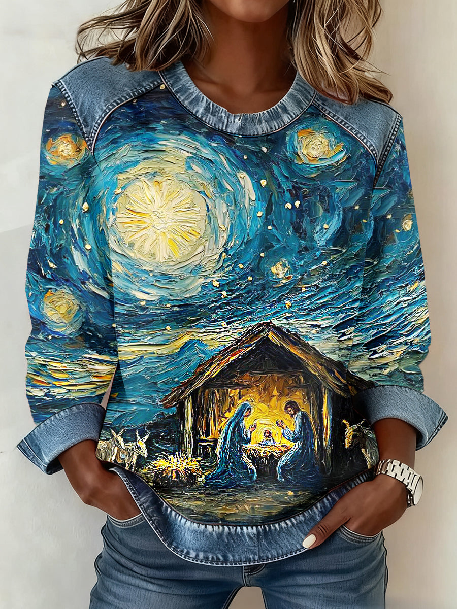 Women's The Birth Of Jesus Denim Patchwork Top