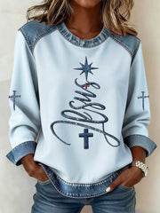 Women's Jesus Cross Denim Patchwork Top