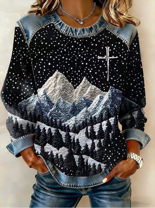 Women's Cross Print Denim Patchwork Top