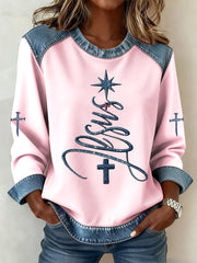 Women's Jesus Cross Denim Patchwork Top
