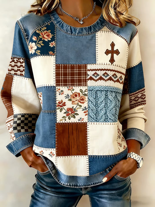 Women's Faith Cross Floral Patchwork Printed Denim Patchwork Top