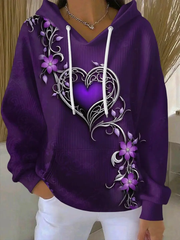 Women's Vintage Purple Floral Art Print Casual Hoodie