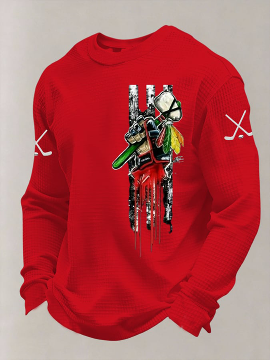 Men's Vintage Hockey Print Waffle Crewneck Sweatshirt