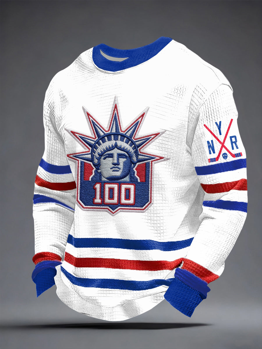 Men's New York Ice Hockey Print Waffle Long Sleeve Sweatshirt