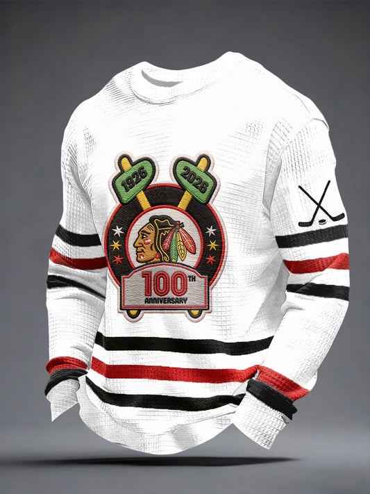 Men's Chicago Hockey 100th Anniversary Print Waffle Sweatshirt